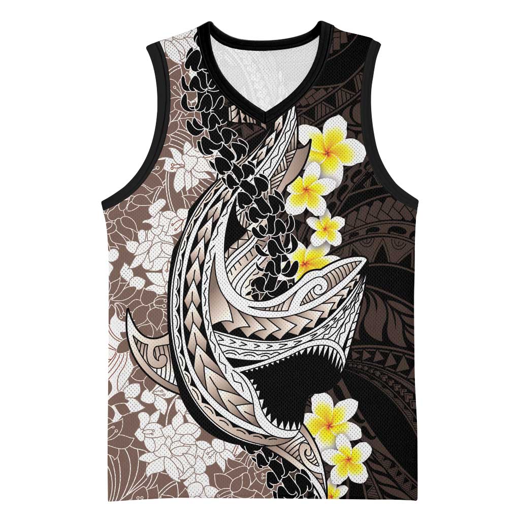 Brown and Black Hawaii Shark Tattoo Basketball Jersey Puakenikeni Lei Plumeria Polynesian Pattern - Polynesian Pride