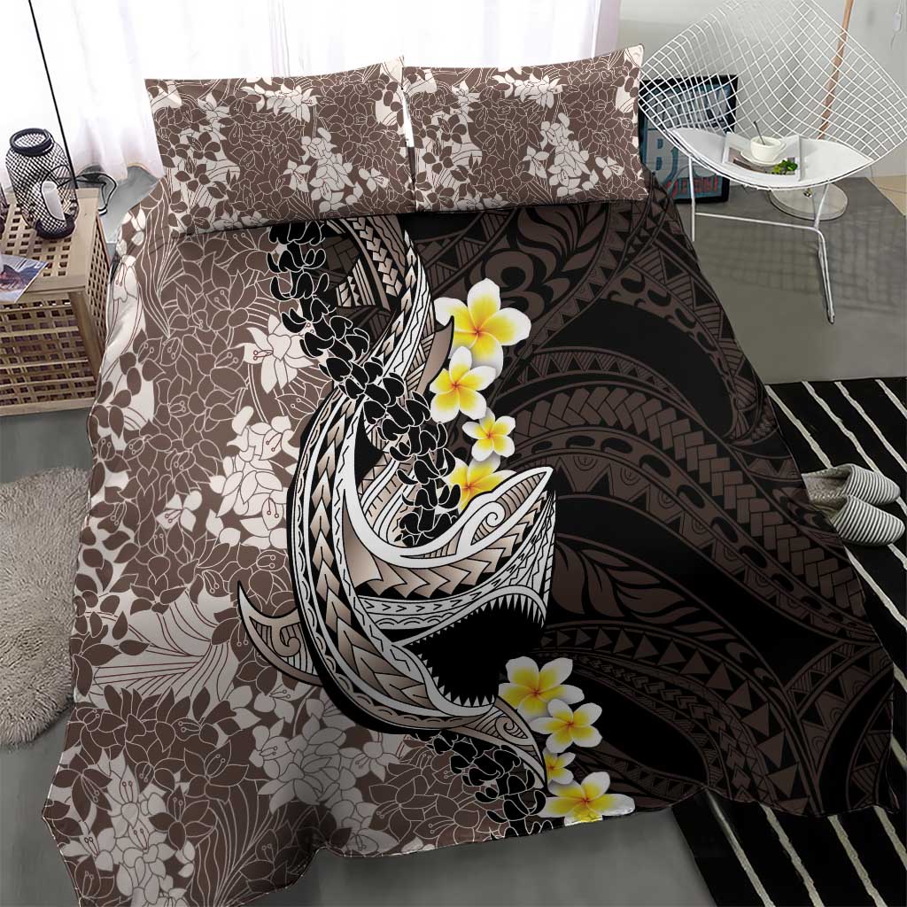Brown and Black Hawaii Shark Tattoo Bedding Set Puakenikeni Lei Plumeria Polynesian Pattern - Polynesian Pride