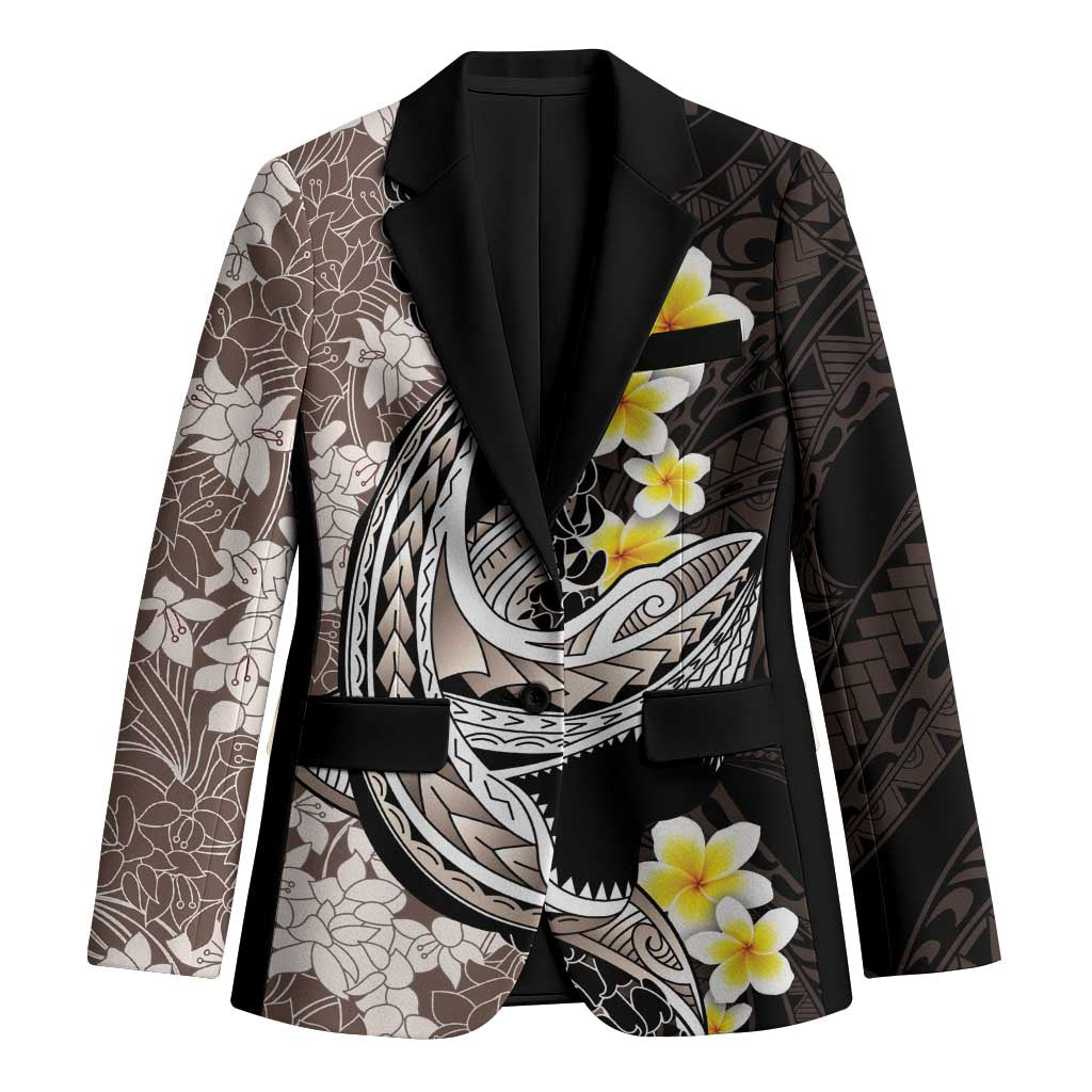 Brown and Black Hawaii Shark Tattoo Blazer Puakenikeni Lei Plumeria Polynesian Pattern - Polynesian Pride