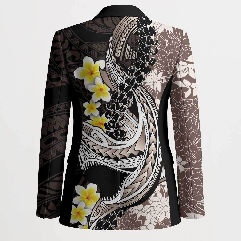 Brown and Black Hawaii Shark Tattoo Blazer Puakenikeni Lei Plumeria Polynesian Pattern - Polynesian Pride