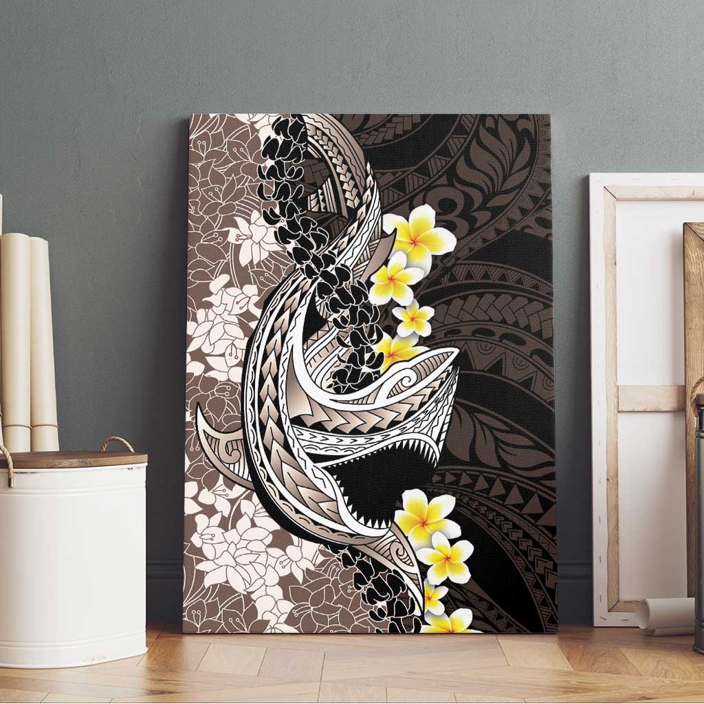 Brown and Black Hawaii Shark Tattoo Canvas Wall Art Puakenikeni Lei Plumeria Polynesian Pattern - Polynesian Pride