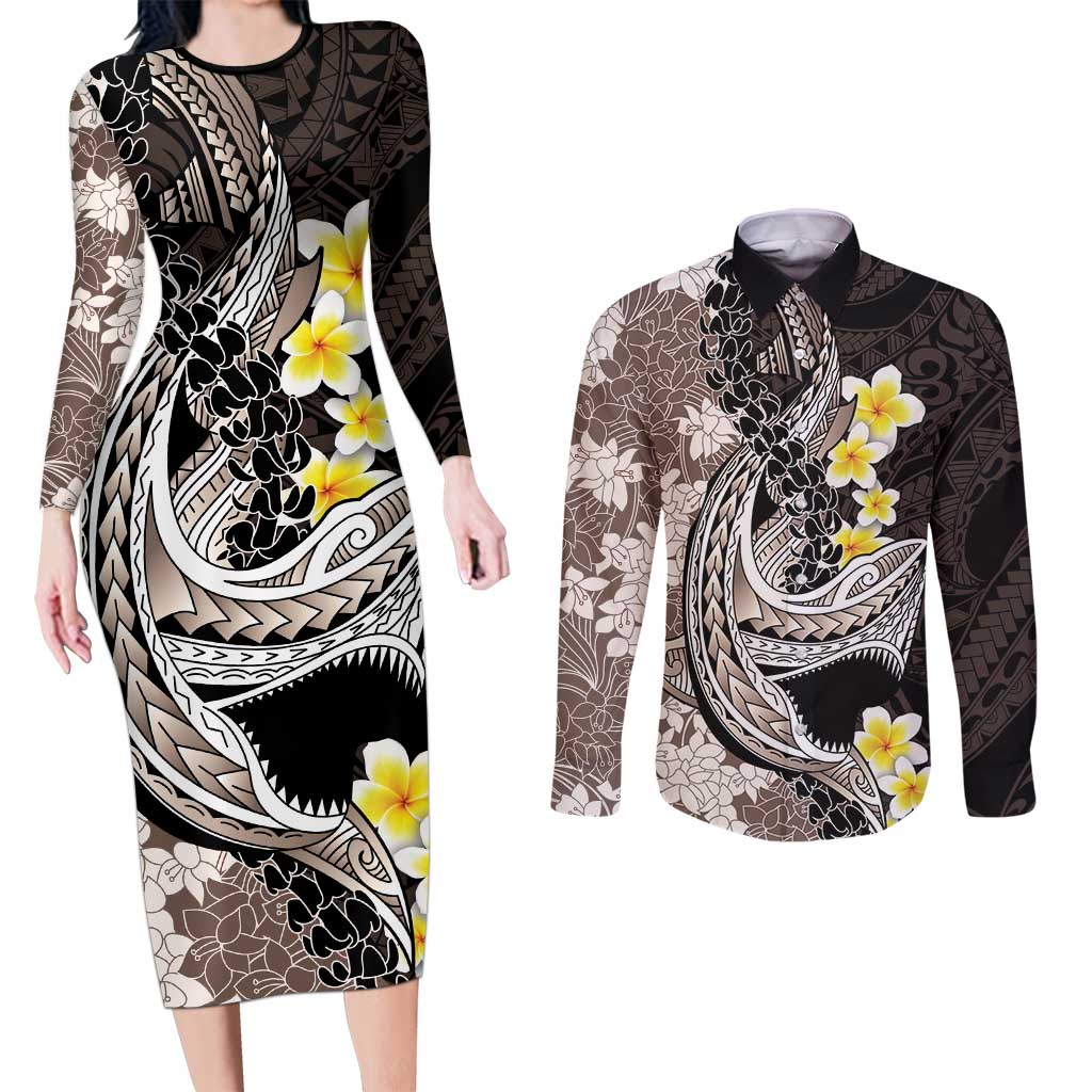 Brown and Black Hawaii Shark Tattoo Couples Matching Long Sleeve Bodycon Dress and Long Sleeve Button Shirt Puakenikeni Lei Plumeria Polynesian Pattern - Polynesian Pride