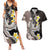 Brown and Black Hawaii Shark Tattoo Couples Matching Summer Maxi Dress and Hawaiian Shirt Puakenikeni Lei Plumeria Polynesian Pattern - Polynesian Pride