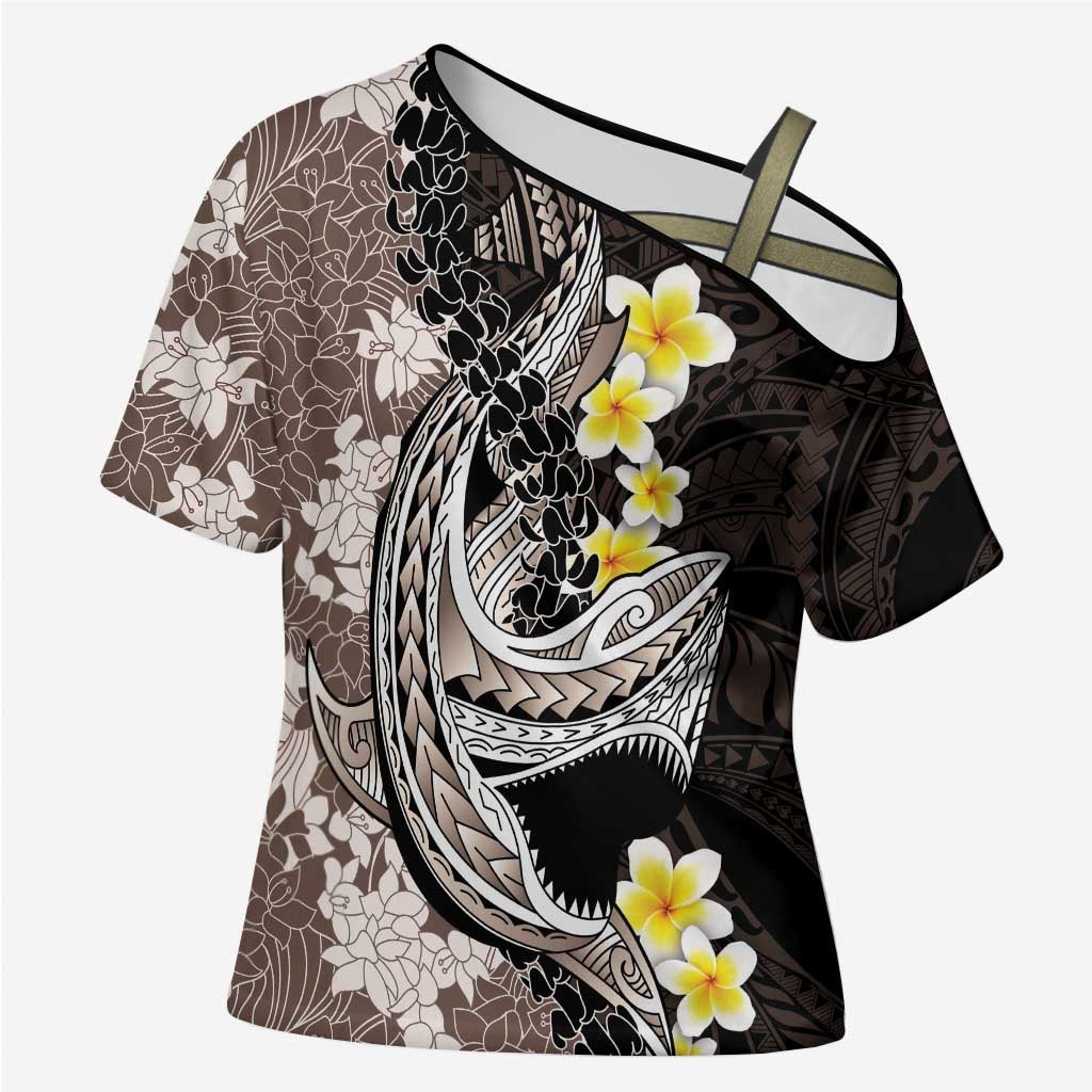 Brown and Black Hawaii Shark Tattoo Cross Shoulder Shirt Puakenikeni Lei Plumeria Polynesian Pattern - Polynesian Pride