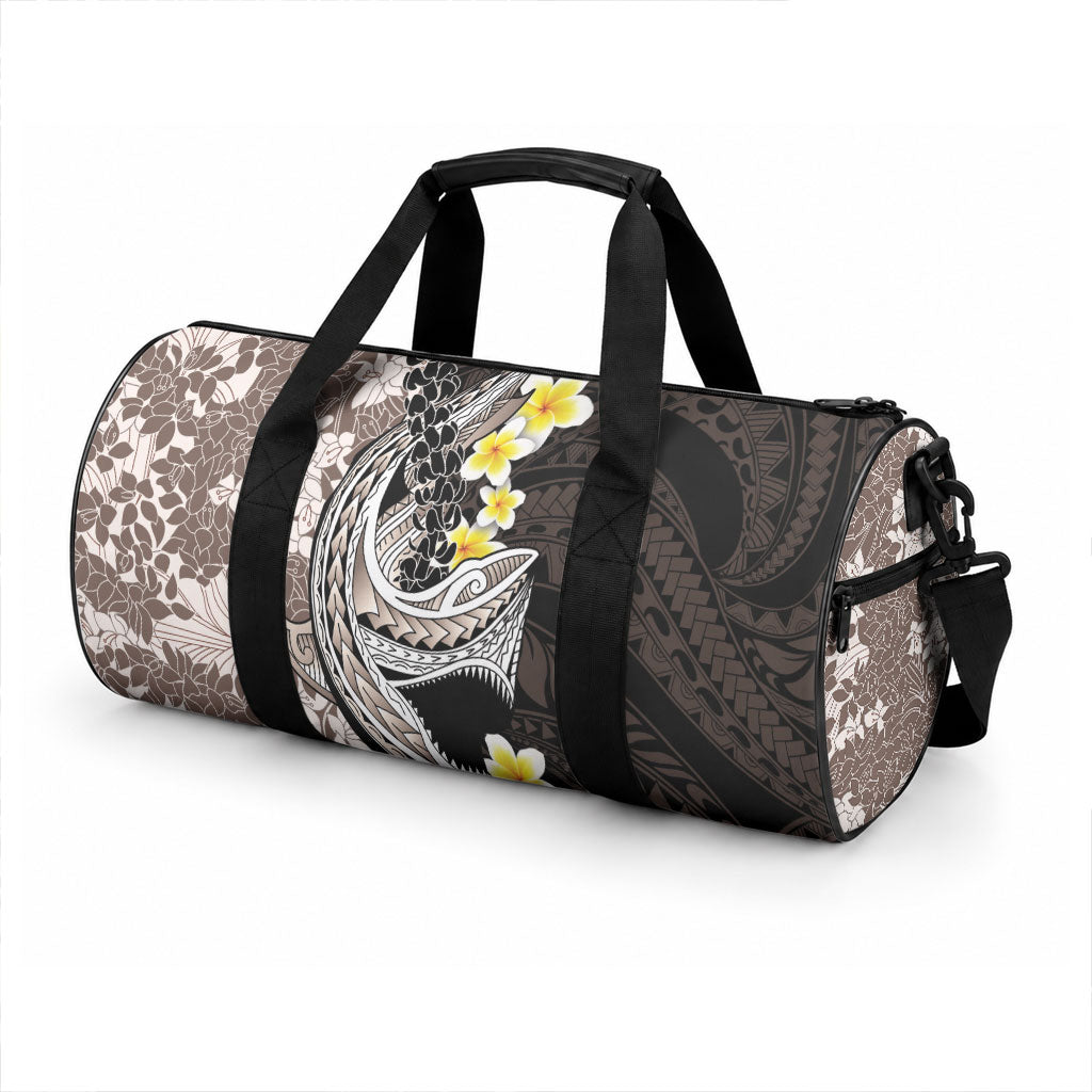 Brown and Black Hawaii Shark Tattoo Duffle Bag Puakenikeni Lei Plumeria Polynesian Pattern