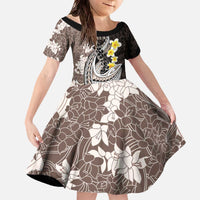 Brown and Black Hawaii Shark Tattoo Family Matching Off The Shoulder Long Sleeve Dress and Hawaiian Shirt Puakenikeni Lei Plumeria Polynesian Pattern - Polynesian Pride