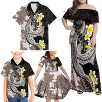 Brown and Black Hawaii Shark Tattoo Family Matching Off Shoulder Maxi Dress and Hawaiian Shirt Puakenikeni Lei Plumeria Polynesian Pattern - Polynesian Pride