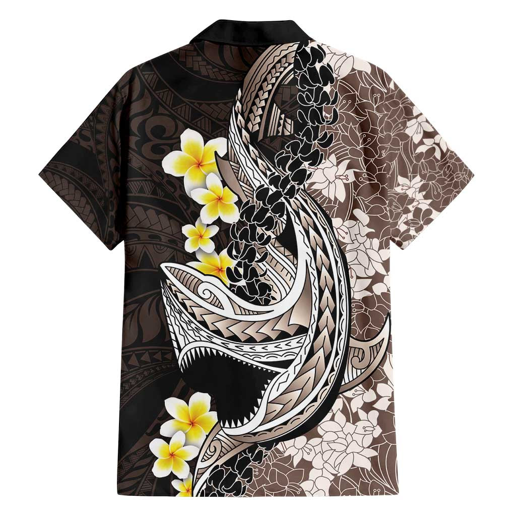 Brown and Black Hawaii Shark Tattoo Family Matching Off Shoulder Maxi Dress and Hawaiian Shirt Puakenikeni Lei Plumeria Polynesian Pattern - Polynesian Pride