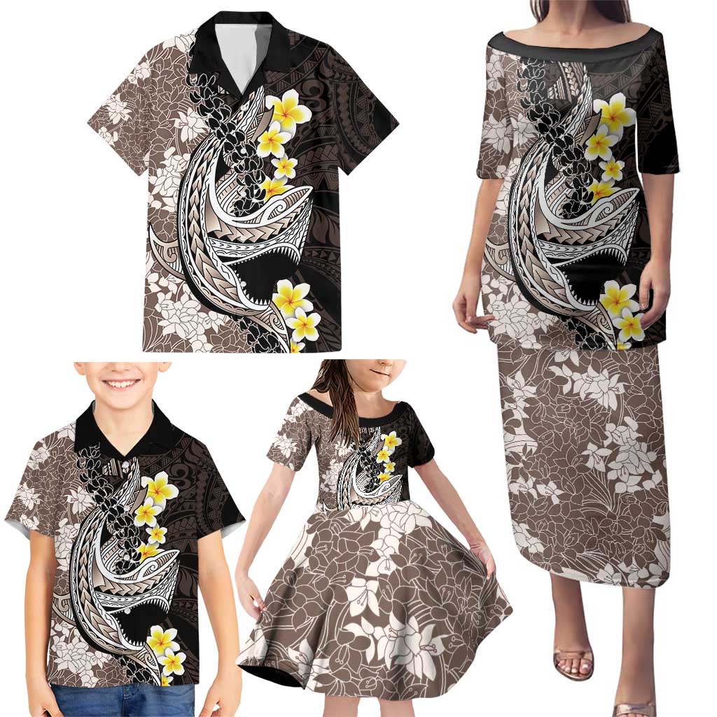 Brown and Black Hawaii Shark Tattoo Family Matching Puletasi and Hawaiian Shirt Puakenikeni Lei Plumeria Polynesian Pattern - Polynesian Pride