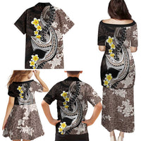 Brown and Black Hawaii Shark Tattoo Family Matching Puletasi and Hawaiian Shirt Puakenikeni Lei Plumeria Polynesian Pattern - Polynesian Pride