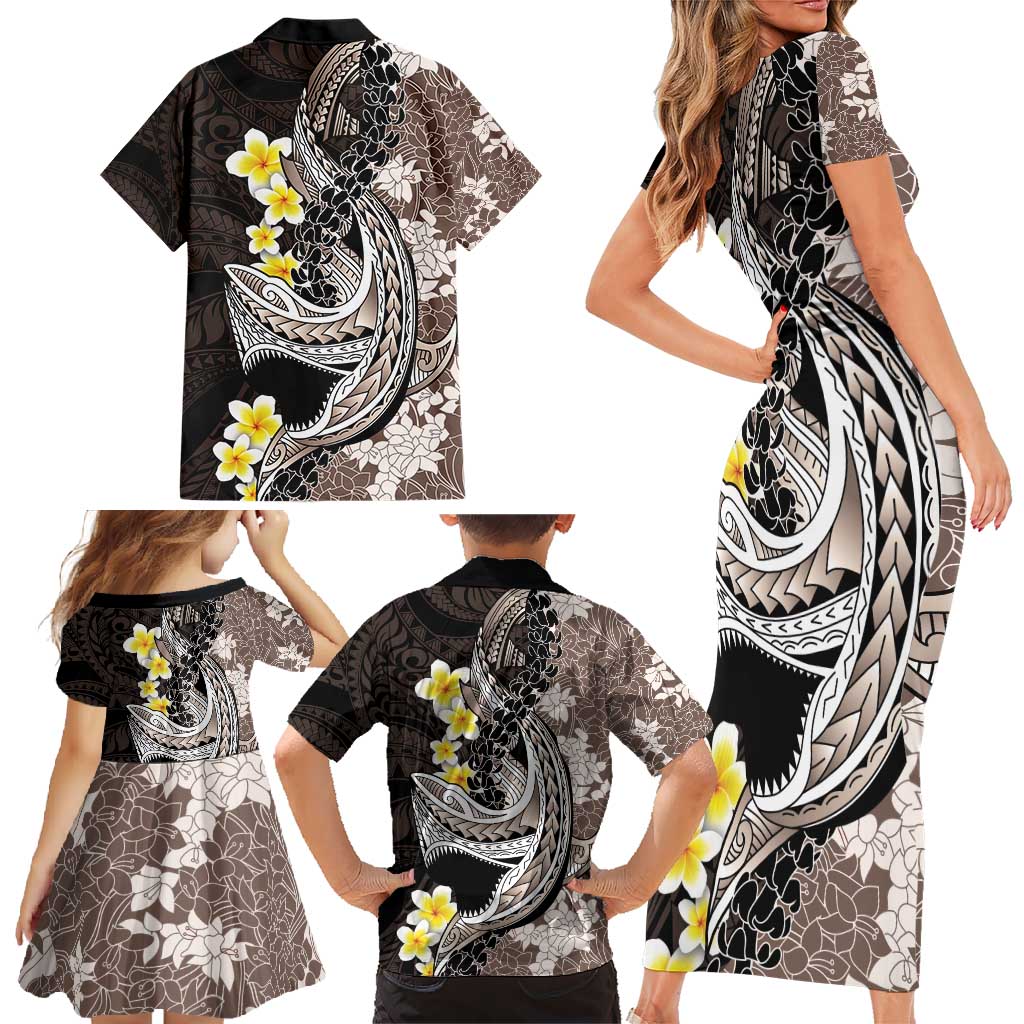 Brown and Black Hawaii Shark Tattoo Family Matching Short Sleeve Bodycon Dress and Hawaiian Shirt Puakenikeni Lei Plumeria Polynesian Pattern - Polynesian Pride