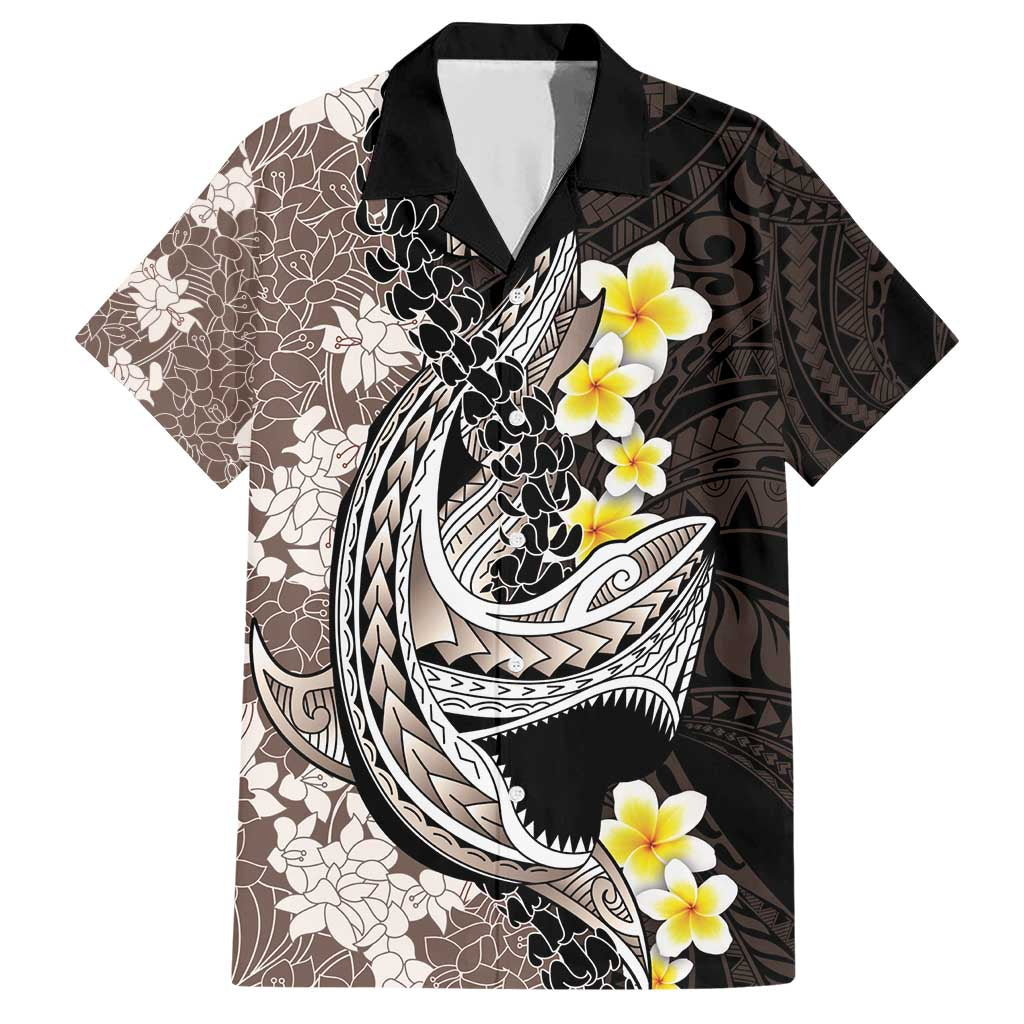 Brown and Black Hawaii Shark Tattoo Family Matching Short Sleeve Bodycon Dress and Hawaiian Shirt Puakenikeni Lei Plumeria Polynesian Pattern - Polynesian Pride