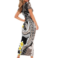 Brown and Black Hawaii Shark Tattoo Family Matching Short Sleeve Bodycon Dress and Hawaiian Shirt Puakenikeni Lei Plumeria Polynesian Pattern - Polynesian Pride