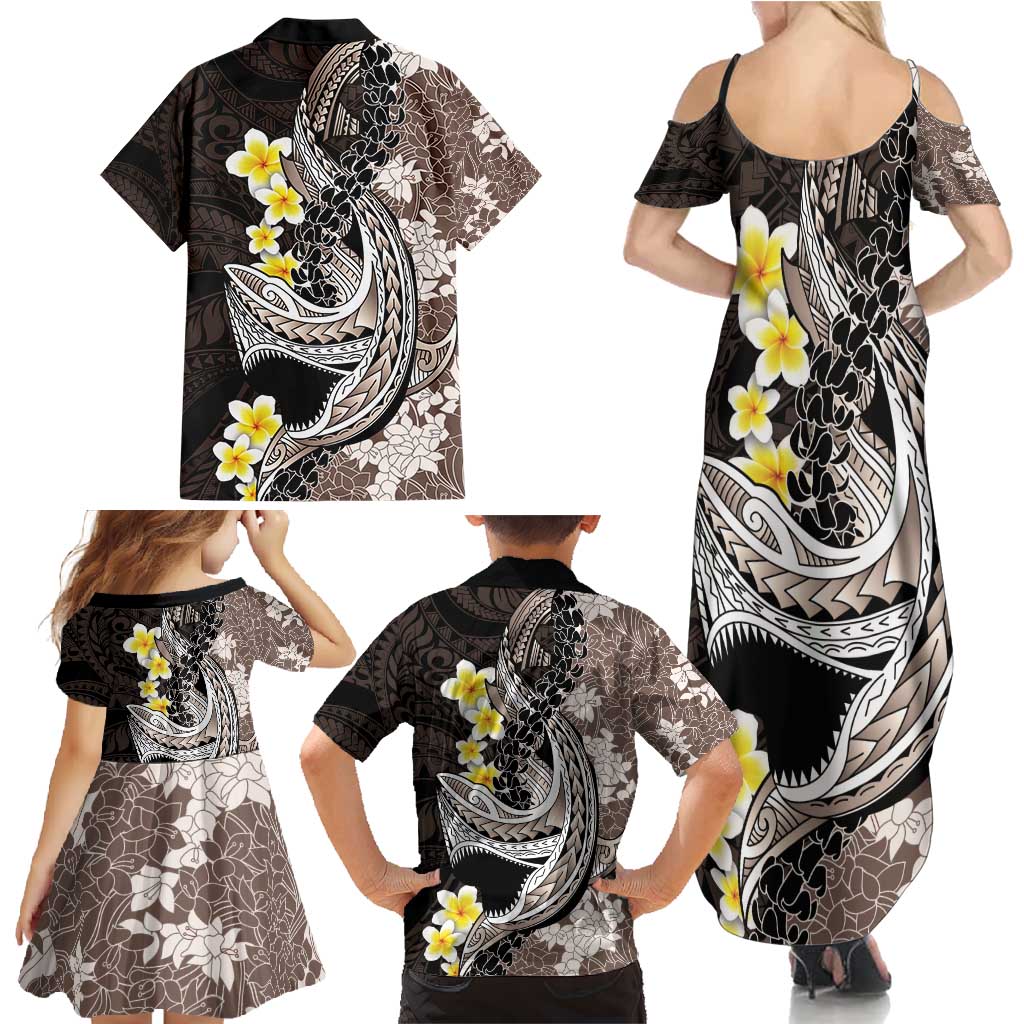 Brown and Black Hawaii Shark Tattoo Family Matching Summer Maxi Dress and Hawaiian Shirt Puakenikeni Lei Plumeria Polynesian Pattern - Polynesian Pride