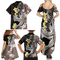 Brown and Black Hawaii Shark Tattoo Family Matching Summer Maxi Dress and Hawaiian Shirt Puakenikeni Lei Plumeria Polynesian Pattern - Polynesian Pride