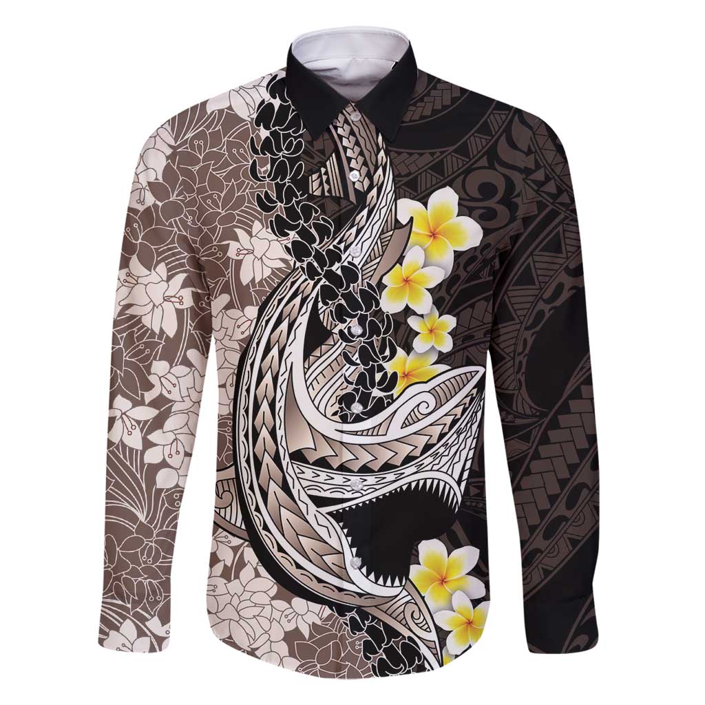 Brown and Black Hawaii Shark Tattoo Family Matching Tank Maxi Dress and Hawaiian Shirt Puakenikeni Lei Plumeria Polynesian Pattern - Polynesian Pride