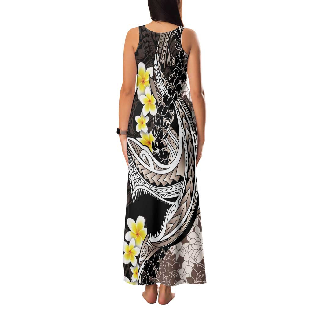 Brown and Black Hawaii Shark Tattoo Family Matching Tank Maxi Dress and Hawaiian Shirt Puakenikeni Lei Plumeria Polynesian Pattern - Polynesian Pride