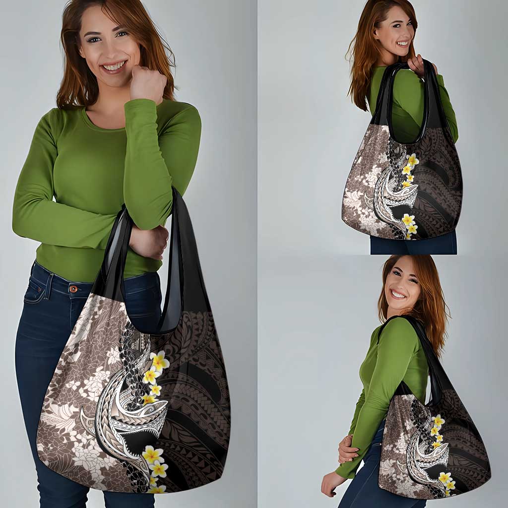 Brown and Black Hawaii Shark Tattoo Grocery Bag Puakenikeni Lei Plumeria Polynesian Pattern - Polynesian Pride