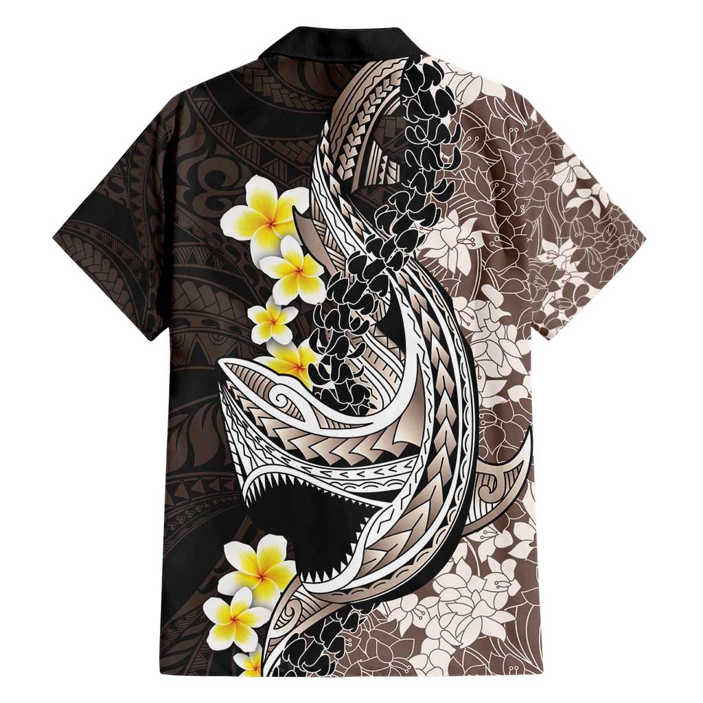 Brown and Black Hawaii Shark Tattoo Hawaiian Shirt Puakenikeni Lei Plumeria Polynesian Pattern - Polynesian Pride