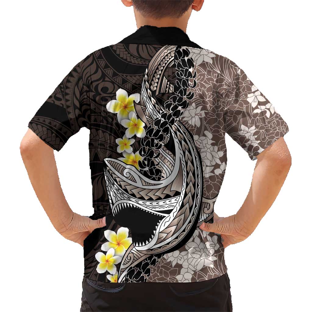 Brown and Black Hawaii Shark Tattoo Hawaiian Shirt Puakenikeni Lei Plumeria Polynesian Pattern - Polynesian Pride