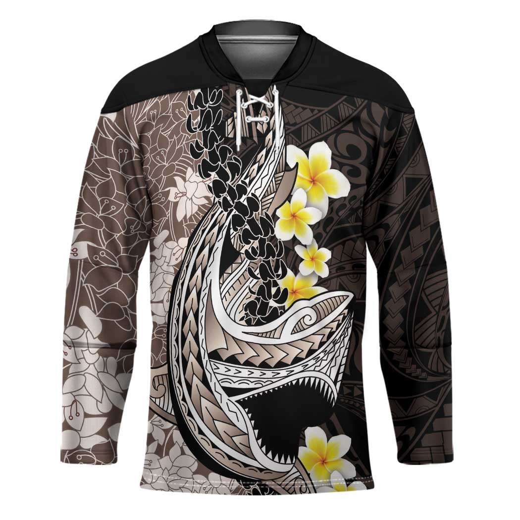 Brown and Black Hawaii Shark Tattoo Hockey Jersey Puakenikeni Lei Plumeria Polynesian Pattern - Polynesian Pride