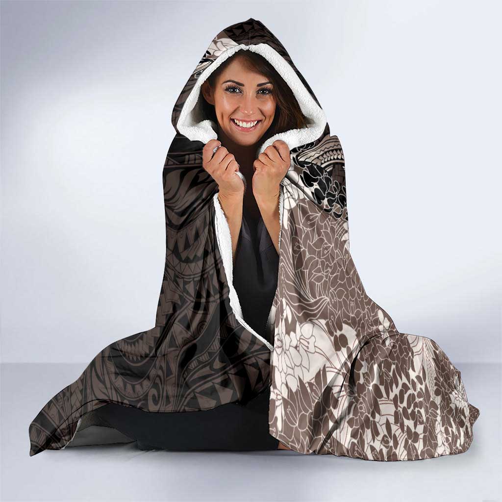 Brown and Black Hawaii Shark Tattoo Hooded Blanket Puakenikeni Lei Plumeria Polynesian Pattern - Polynesian Pride