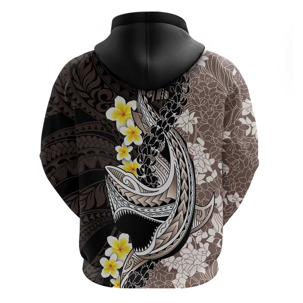 Brown and Black Hawaii Shark Tattoo Hoodie Puakenikeni Lei Plumeria Polynesian Pattern - Polynesian Pride