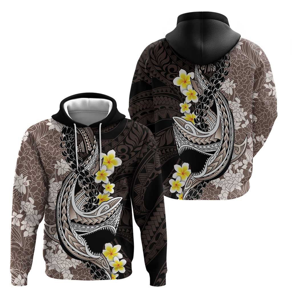 Brown and Black Hawaii Shark Tattoo Hoodie Puakenikeni Lei Plumeria Polynesian Pattern - Polynesian Pride