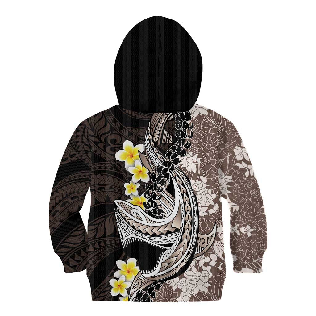 Brown and Black Hawaii Shark Tattoo Kid Hoodie Puakenikeni Lei Plumeria Polynesian Pattern - Polynesian Pride