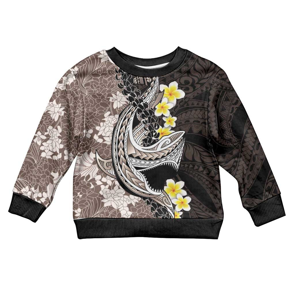 Brown and Black Hawaii Shark Tattoo Kid Ugly Christmas Sweater Puakenikeni Lei Plumeria Polynesian Pattern - Polynesian Pride