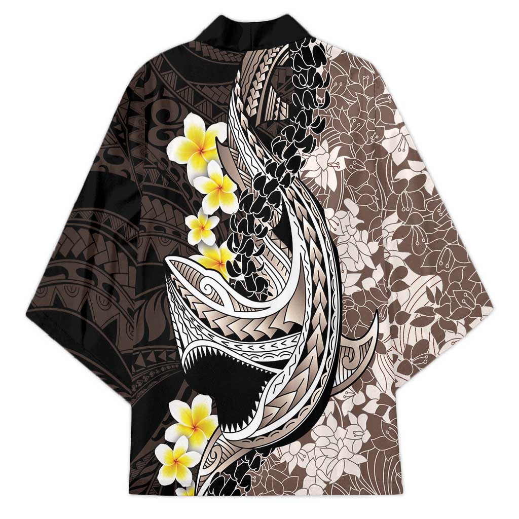 Brown and Black Hawaii Shark Tattoo Kimono Puakenikeni Lei Plumeria Polynesian Pattern - Polynesian Pride