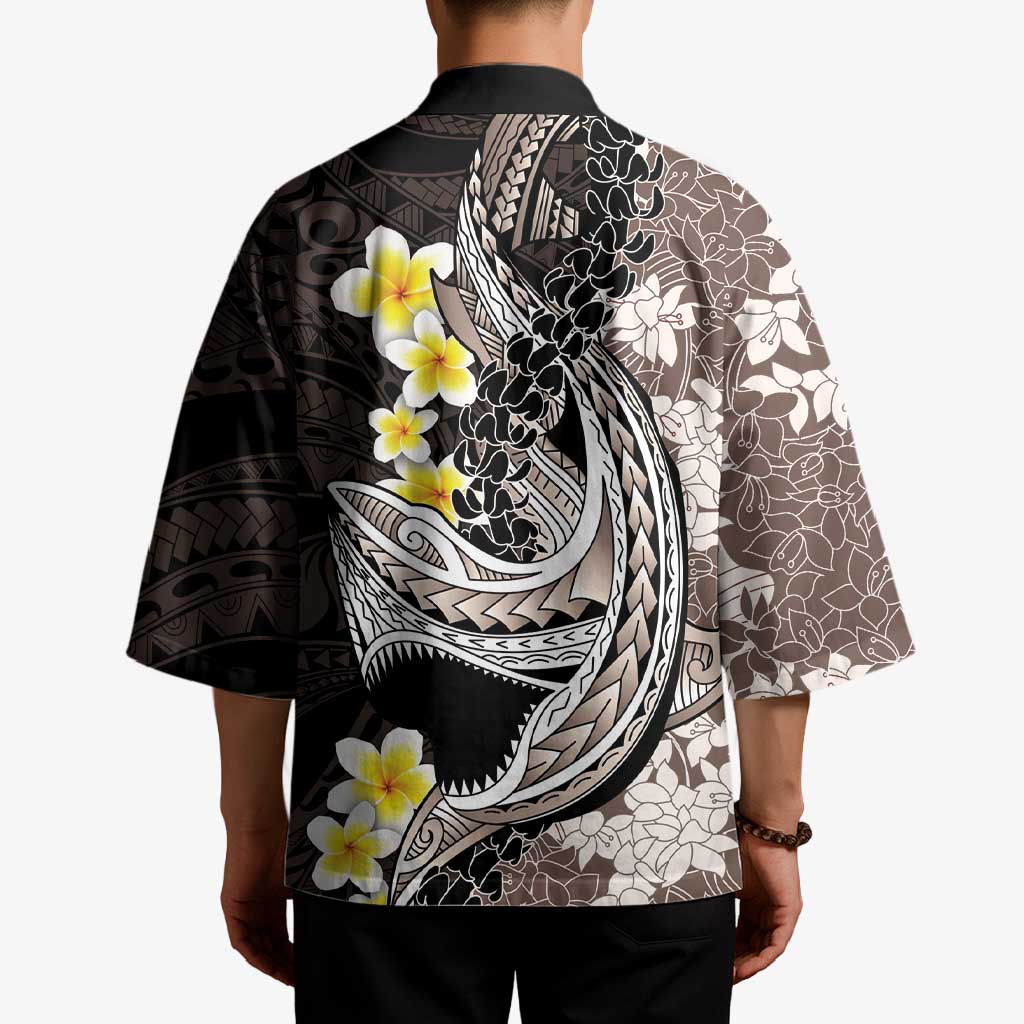 Brown and Black Hawaii Shark Tattoo Kimono Puakenikeni Lei Plumeria Polynesian Pattern - Polynesian Pride