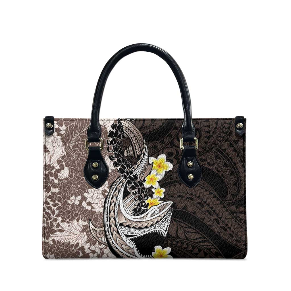 Brown and Black Hawaii Shark Tattoo Leather Bag Puakenikeni Lei Plumeria Polynesian Pattern - Polynesian Pride