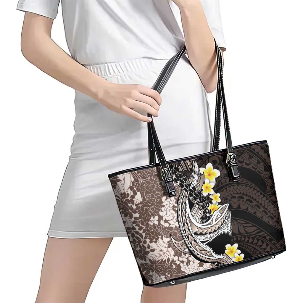 Brown and Black Hawaii Shark Tattoo Leather Tote Bag Puakenikeni Lei Plumeria Polynesian Pattern - Polynesian Pride