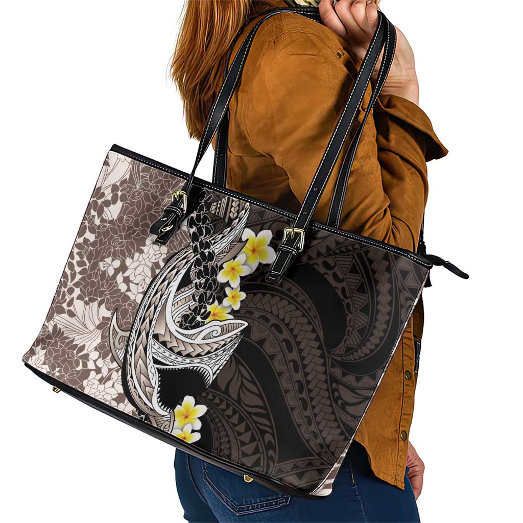 Brown and Black Hawaii Shark Tattoo Leather Tote Bag Puakenikeni Lei Plumeria Polynesian Pattern - Polynesian Pride