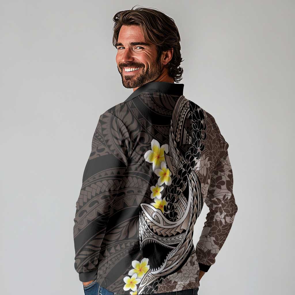 Brown and Black Hawaii Shark Tattoo Long Sleeve Polo Shirt Puakenikeni Lei Plumeria Polynesian Pattern - Polynesian Pride