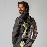 Brown and Black Hawaii Shark Tattoo Long Sleeve Polo Shirt Puakenikeni Lei Plumeria Polynesian Pattern - Polynesian Pride