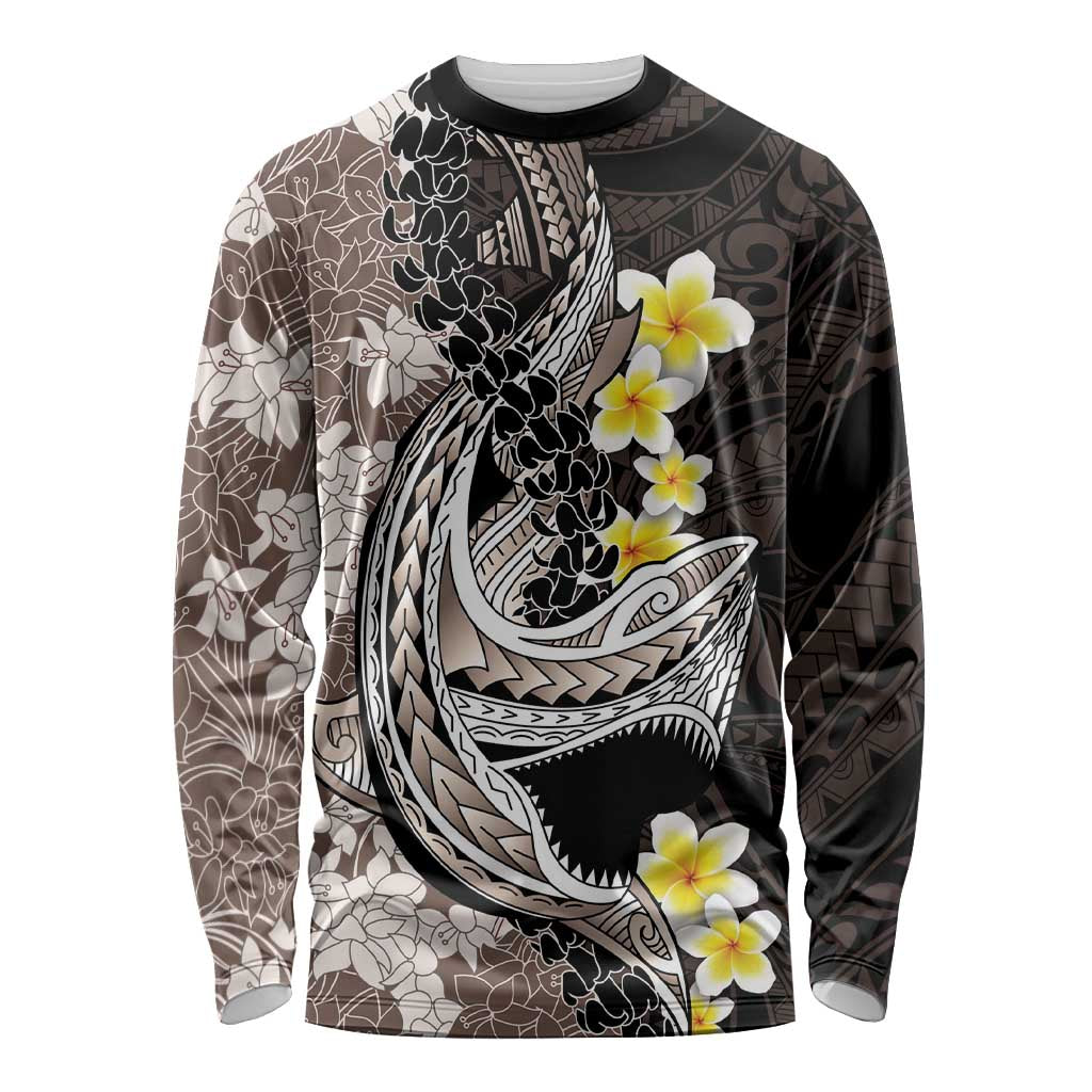 Brown and Black Hawaii Shark Tattoo Long Sleeve Shirt Puakenikeni Lei Plumeria Polynesian Pattern - Polynesian Pride