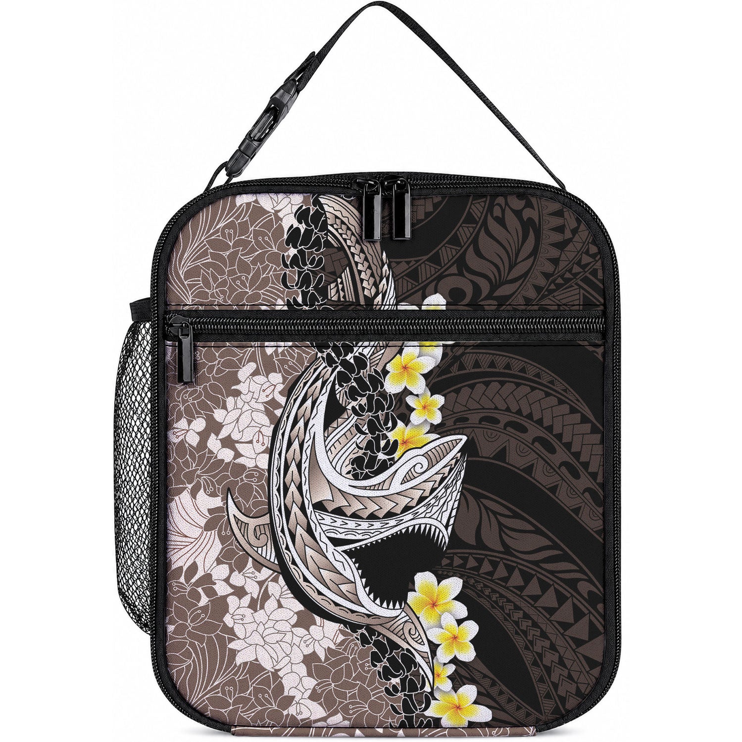 Brown and Black Hawaii Shark Tattoo Lunch Bag Puakenikeni Lei Plumeria Polynesian Pattern