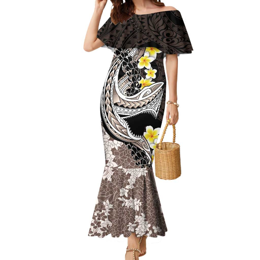Brown and Black Hawaii Shark Tattoo Mermaid Dress Puakenikeni Lei Plumeria Polynesian Pattern - Polynesian Pride