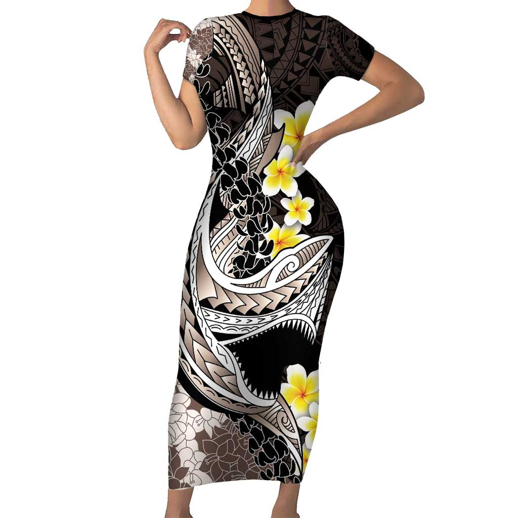 Brown and Black Hawaii Shark Tattoo Short Sleeve Bodycon Dress Puakenikeni Lei Plumeria Polynesian Pattern - Polynesian Pride