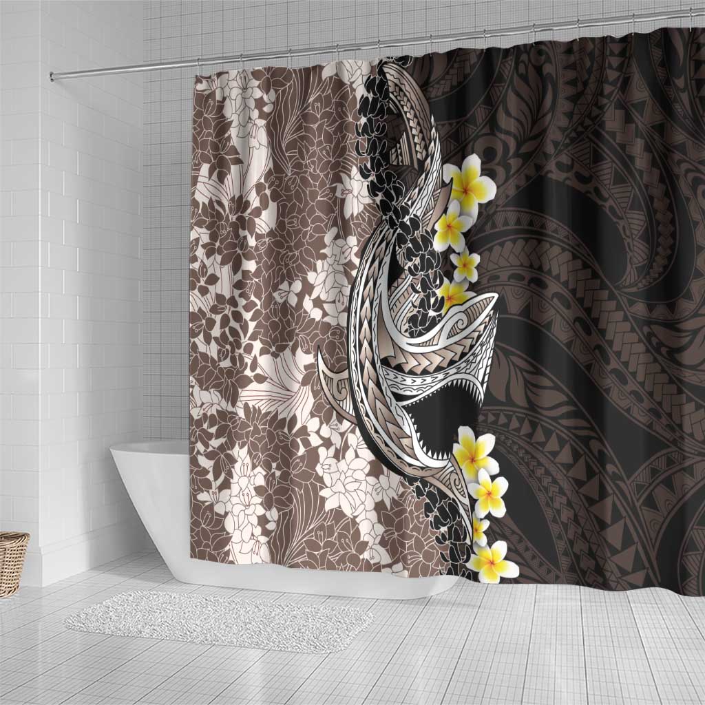 Brown and Black Hawaii Shark Tattoo Shower Curtain Puakenikeni Lei Plumeria Polynesian Pattern - Polynesian Pride