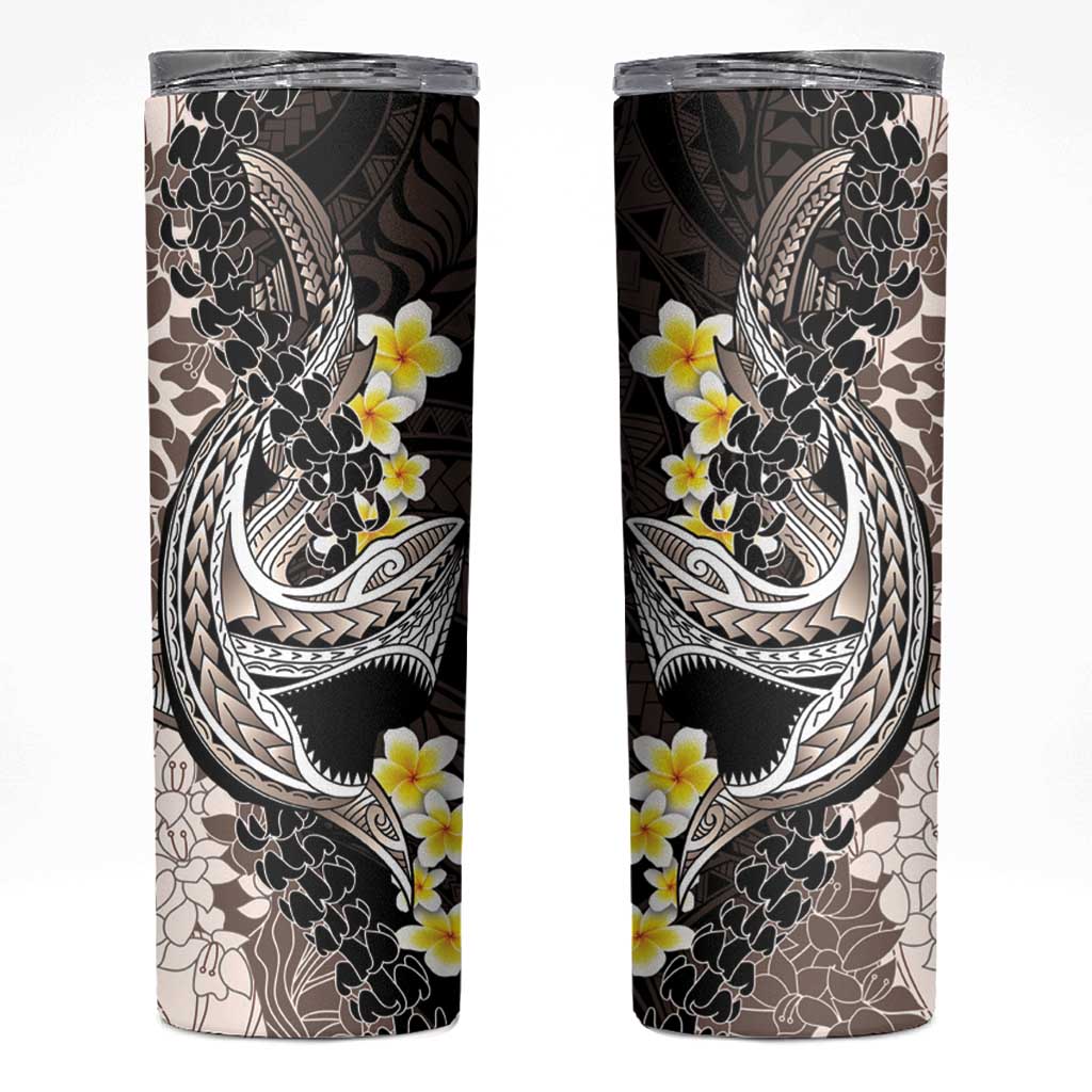 Brown and Black Hawaii Shark Tattoo Skinny Tumbler Puakenikeni Lei Plumeria Polynesian Pattern - Polynesian Pride