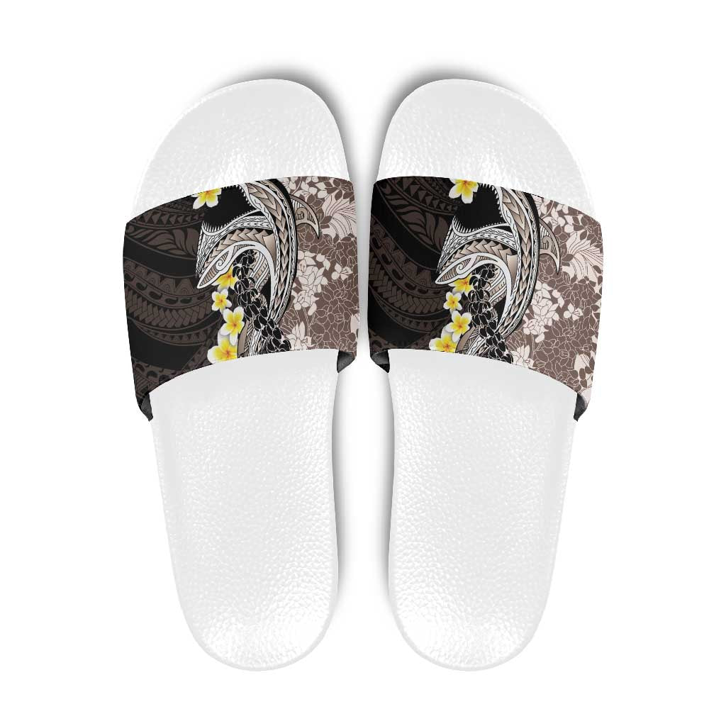 Brown and Black Hawaii Shark Tattoo Slide Sandals Puakenikeni Lei Plumeria Polynesian Pattern - Polynesian Pride