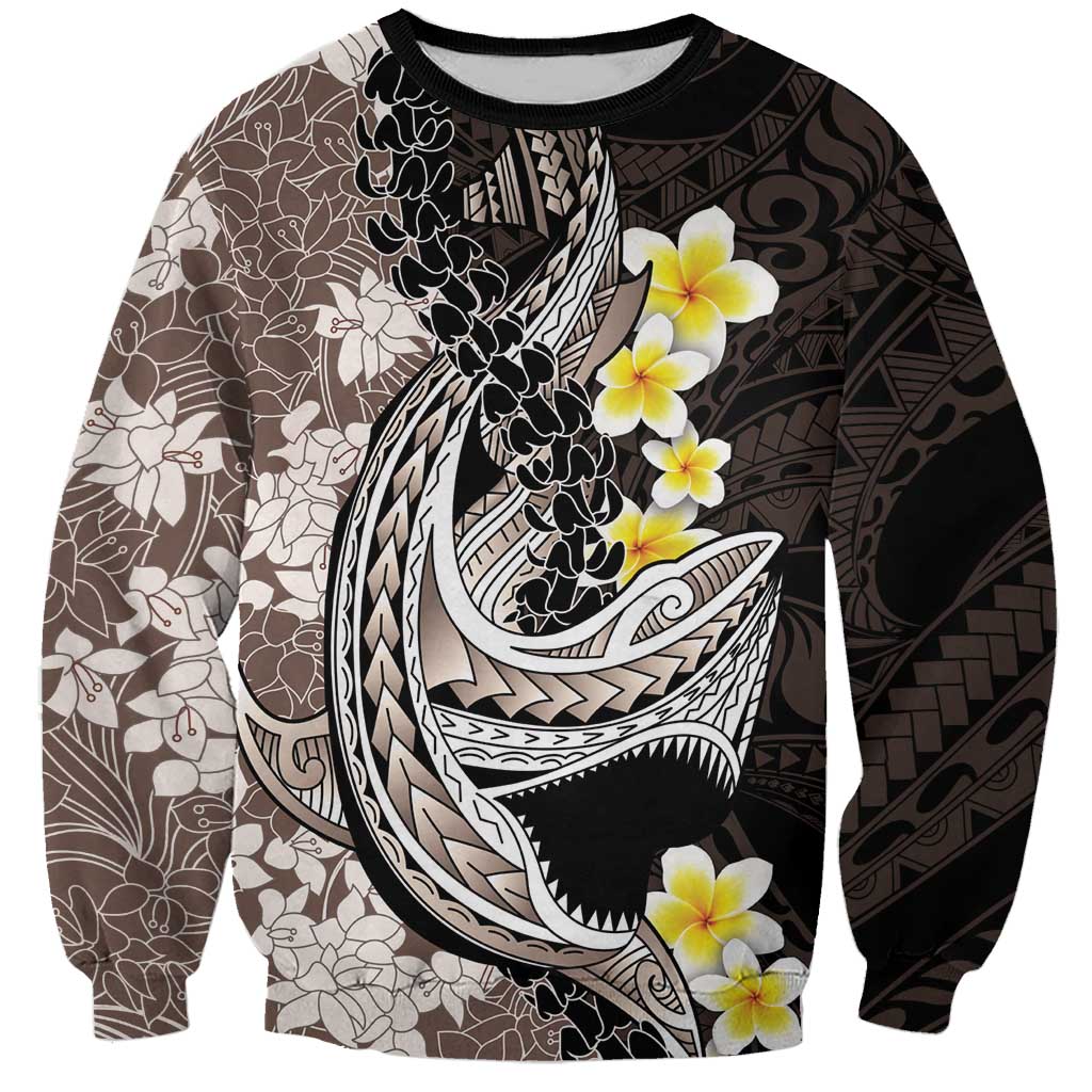 Brown and Black Hawaii Shark Tattoo Sweatshirt Puakenikeni Lei Plumeria Polynesian Pattern - Polynesian Pride