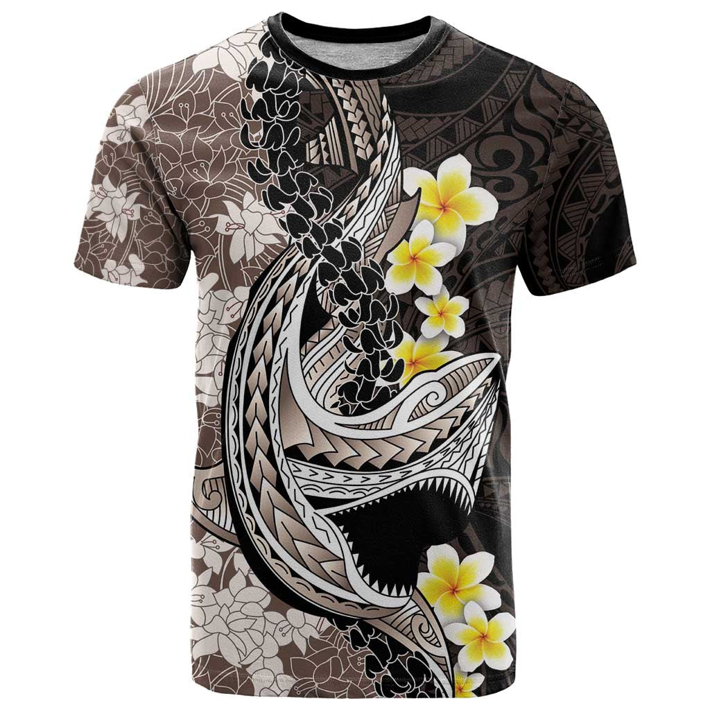 Brown and Black Hawaii Shark Tattoo T Shirt Puakenikeni Lei Plumeria Polynesian Pattern - Polynesian Pride
