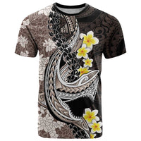 Brown and Black Hawaii Shark Tattoo T Shirt Puakenikeni Lei Plumeria Polynesian Pattern - Polynesian Pride