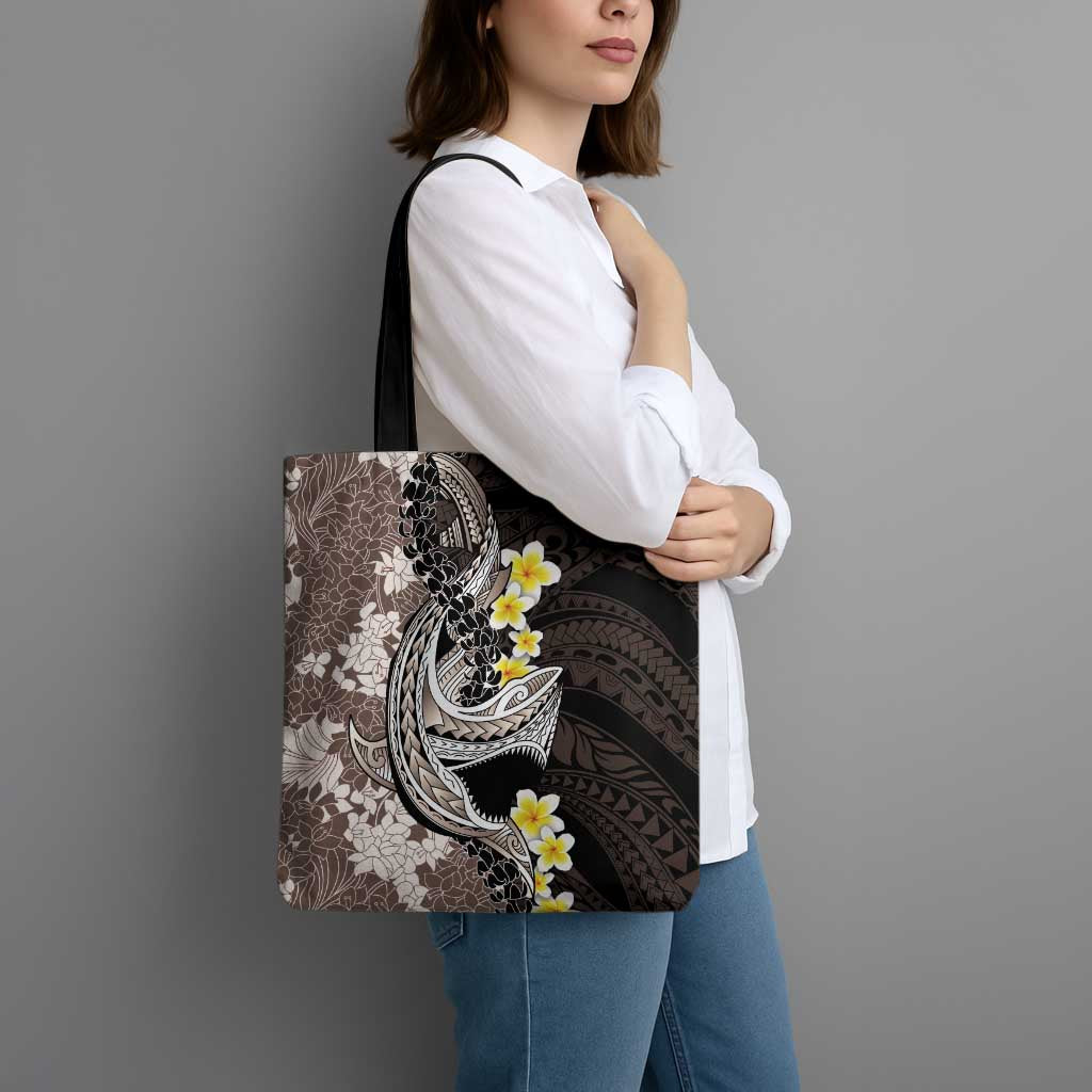 Brown and Black Hawaii Shark Tattoo Tote Bag Puakenikeni Lei Plumeria Polynesian Pattern - Polynesian Pride