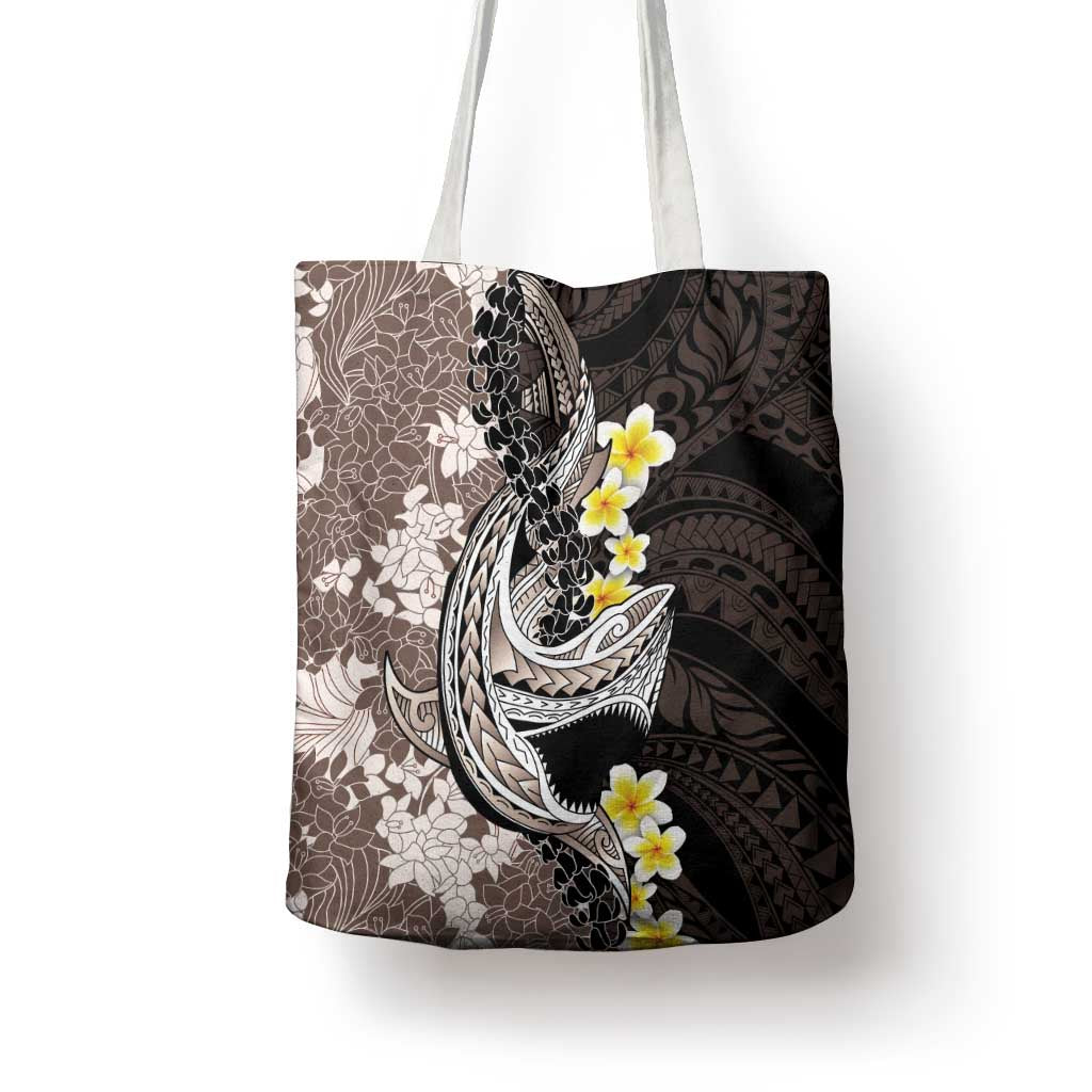 Brown and Black Hawaii Shark Tattoo Tote Bag Puakenikeni Lei Plumeria Polynesian Pattern - Polynesian Pride