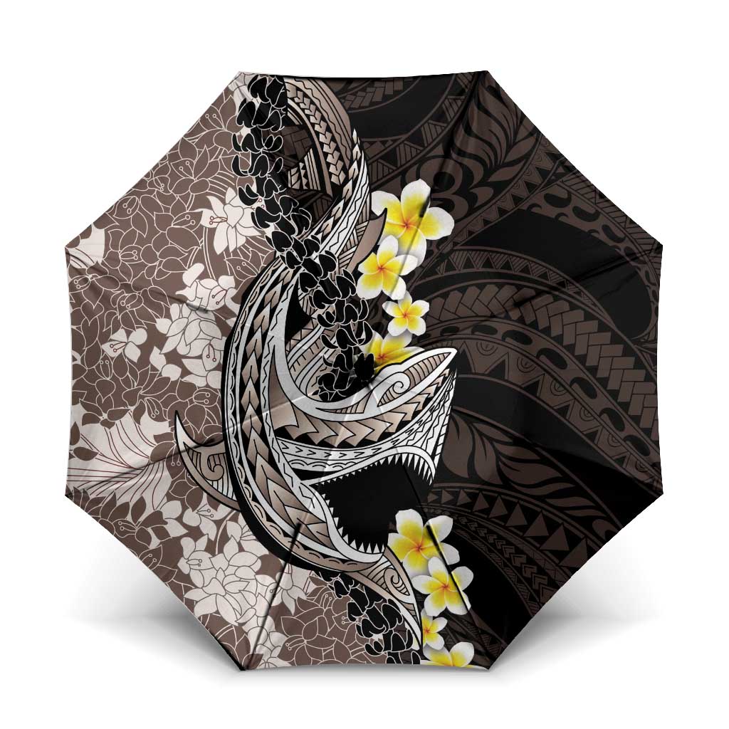 Brown and Black Hawaii Shark Tattoo Umbrella Puakenikeni Lei Plumeria Polynesian Pattern - Polynesian Pride